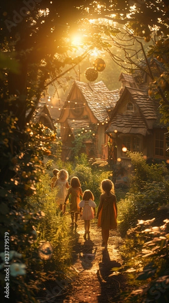 Obraz A whimsical Easter egg hunt scene with children laughing and searching for eggs in a beautiful garden, golden hour sunlight, dreamy atmosphere, painterly style