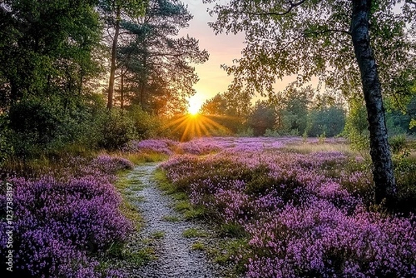 Obraz Breathtaking sunrise over a vibrant purple heathland field, with blooming flowers and a serene pathway winding through the Westerheide in Hilversum, The Netherlands.
