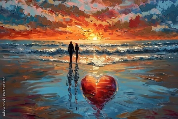 Fototapeta Couple walking hand in hand on a beach at sunset with a heart-shaped reflection in the water