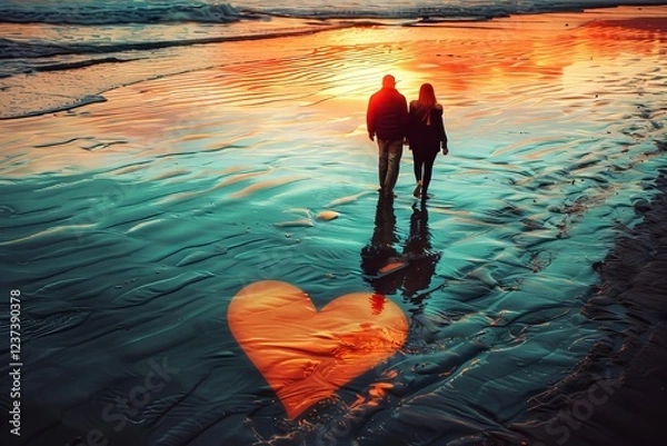 Fototapeta Couple walking hand in hand on a beach at sunset with a heart-shaped reflection in the water