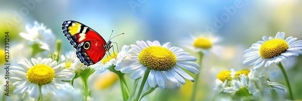 Obraz Graceful butterfly resting in a sunlit summer meadow, surrounded by tall grass and wildflowers.
