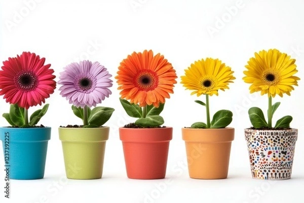 Fototapeta Row of five potted flowers in different colors