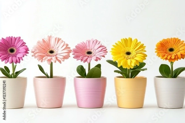 Fototapeta Row of five flower pots, each with a different color
