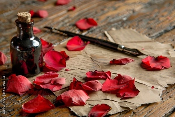 Fototapeta Vintage-style love letters scattered on a wooden table with a quill and ink bottle