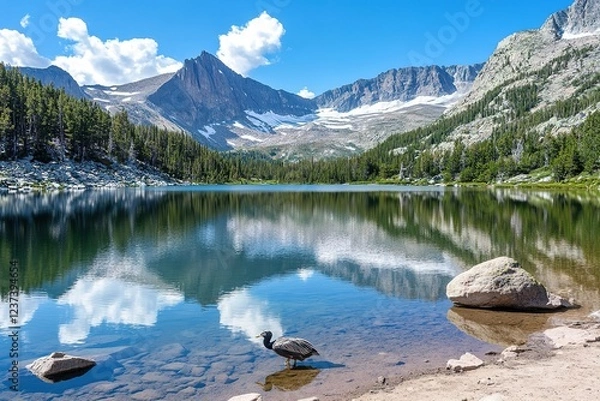 Obraz Picturesque view of Longs Peak and Glacier Gorge mirrored in Bear Lake’s still waters, capturing the beauty of a peaceful summer morning in Rocky Mountain National Park.
