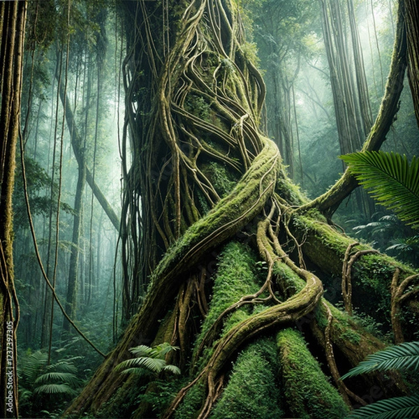 Obraz A rainforest tree with vines wrapping around its trunk