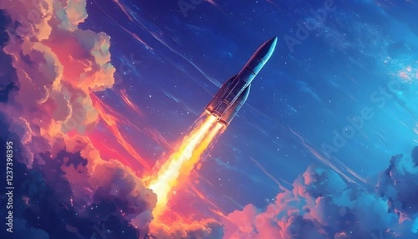Fototapeta Rocket Ascending Through Vibrant Colorful Cloudscape