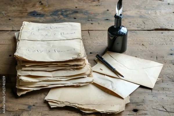 Fototapeta Vintage-style love letters scattered on a wooden table with a quill and ink bottle