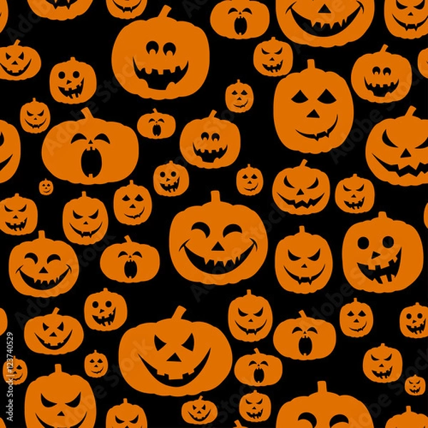 Fototapeta Abstract seamless pattern for girls,boys, kids, halloween, clothes. Creative vector background with pumpkin scary face, smile. Funny wallpaper for textile and fabric. Fashion style. Colorful bright.