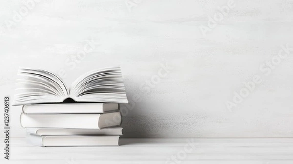 Fototapeta Open book on stack, white background, reading, knowledge