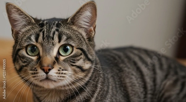 Fototapeta Close-Up Photograph of a Tabby Cat with Striking Green Eyes - Perfect for Animal Lovers and Pet Enthusiasts