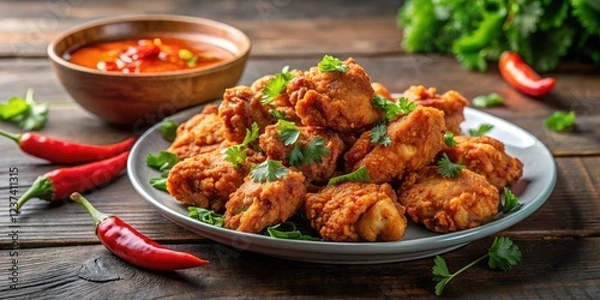Fototapeta Crispy Indonesian fried chicken pieces arranged on a plate with spicy sambal sauce drizzle, garnished with fresh cilantro leaves and chili peppers , plate, crispy fried chicken