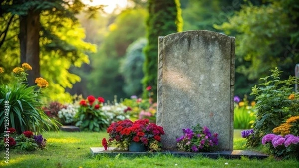 Fototapeta A weathered headstone stands alone in a serene cemetery surrounded by lush greenery and vibrant flowers, with an empty grave at its base , isolated monument, serenity
