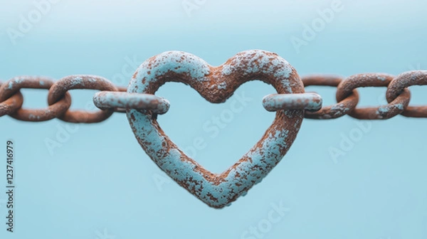Fototapeta Bound by Love: A weathered, turquoise heart-shaped link connects two heavy chains, symbolizing enduring love and unshakeable bonds against the backdrop of a serene blue.