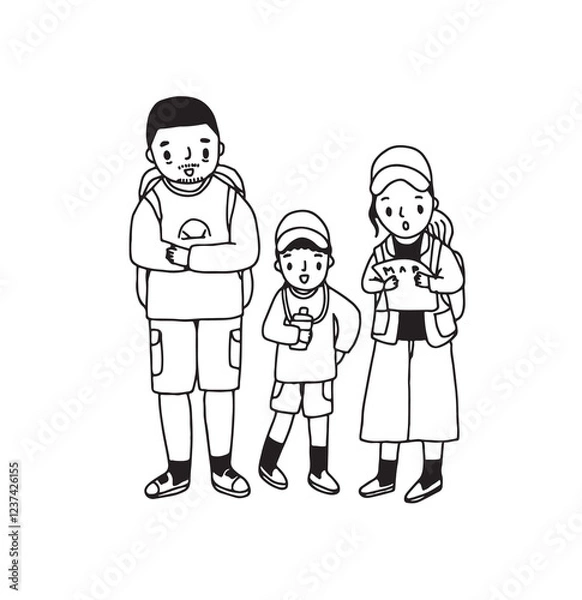 Fototapeta Family ready to travel, outline drawing vector illustration