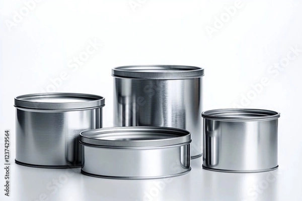 Obraz Four silver metal tins on white background; packaging, storage