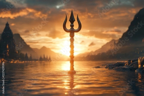 Obraz Trishul sunset river temple background, faith