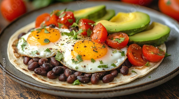 Fototapeta Stuffed Breakfast Tacos with Eggs and Black Beans