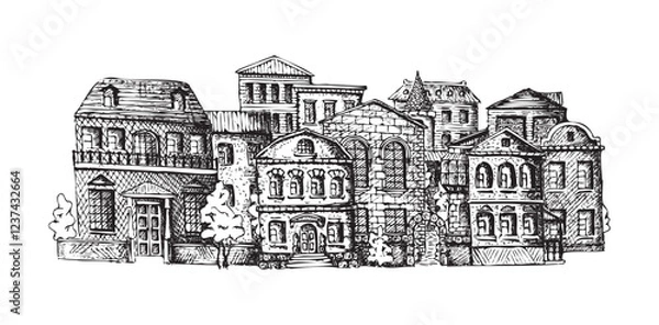 Fototapeta Townscape hand drawn. Old architecture. 