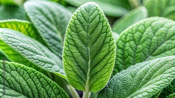 Fototapeta Natural green clary sage leaves macro background with delicate veins and a soft, muted tone, clary sage, herb, botanical