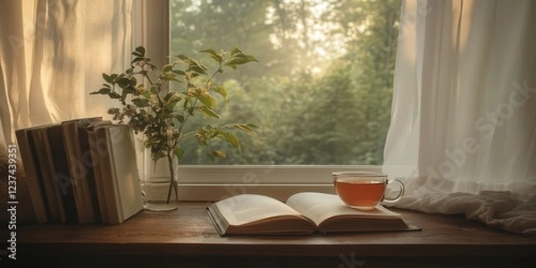 Fototapeta reading table placed beside a window, with soft lighting, a warm cup of tea, and a serene view of the nature outside