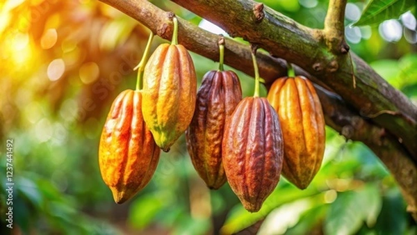 Fototapeta cacao pods hanging from a tree branch, ripe cacao pods, fruiting trees