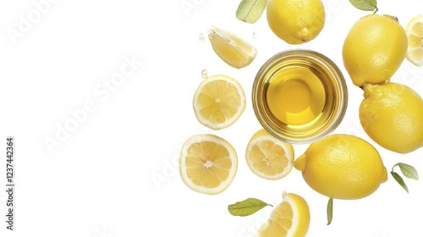 Fototapeta Freshly squeezed lemon juice with whole and sliced lemons on transparent background