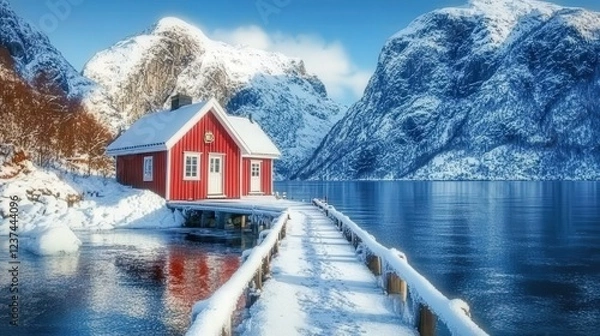 Fototapeta Norwegian pier in winter, its frosted beams stretching into a frozen fjord, surrounded by snow-capped peaks
