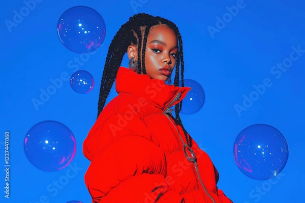 Obraz Portrait of a stylish young woman with braids in a red puffer jacket against a blue background with floating spheres.