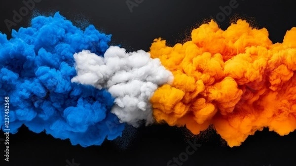 Fototapeta Colorful Smoke Stream: Captivating abstract composition of vibrant blue, white, and orange smoke plumes merging on a dark background, perfect for visual effects and graphic design projects.