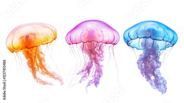 Fototapeta Three colorful jellyfishes swimming on transparent background