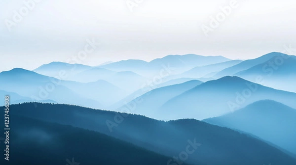 Fototapeta Landscape with abstract gradient of mountain peaks in blue colors, natural travel outdoor background