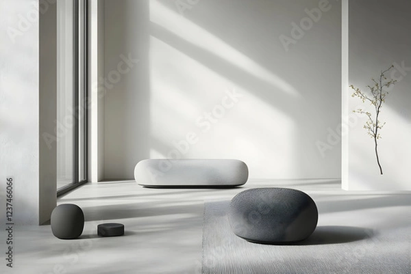 Fototapeta Stone-like Sculptures in Minimalist Interior: An elegant arrangement of stone-like sculptures, featuring two large, rounded forms and a smaller, cylindrical one, rest on a raised platform.