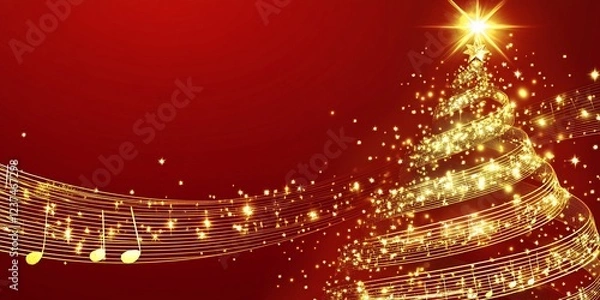 Fototapeta Golden Christmas tree music notes red background holiday card (1)