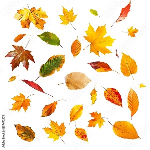 Fototapeta Different autumn leaves falling isolated on white background