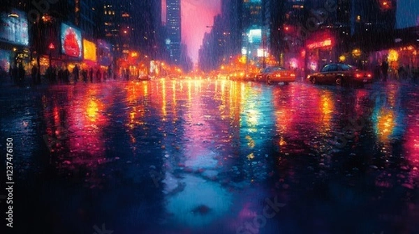 Fototapeta Urban Symphony: A Vibrant Reflection of Oil Slick on Rain-Soaked Street Captured in the City