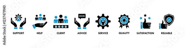 Fototapeta Customer care banner web icon vector illustration concept for customer support and telemarketing service with an icon of help, client, advice, chat, service, reliability, quality, and satisfaction