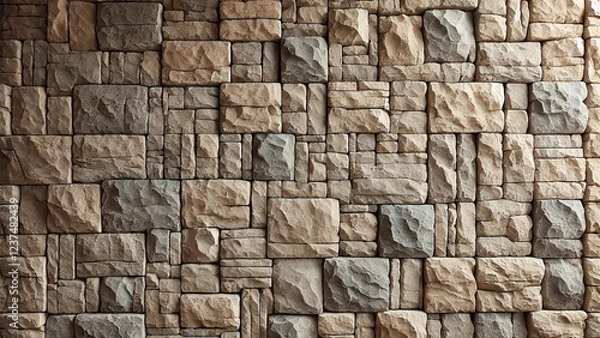 Fototapeta A wall entirely covered with neatly arranged stone slabs of moderate size.