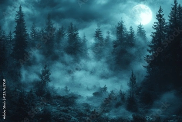 Fototapeta Enigmatic Fog Drifts Through Eerie Pine Forest Creating Mystical Atmosphere in Nature's Abode