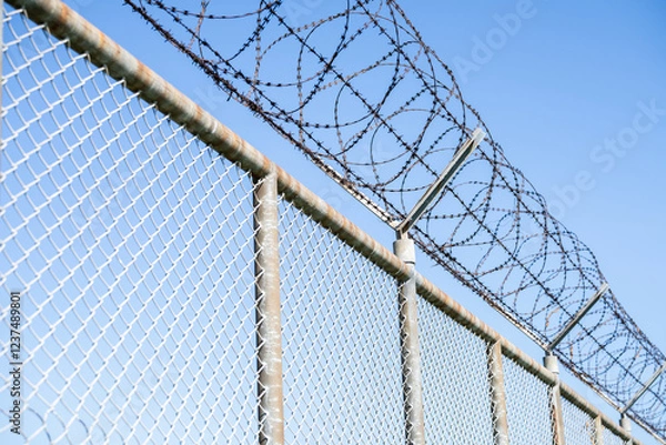 Fototapeta Prison security fence. Barbed wire security fence. Razor wire jail fence. Barrier border. Boundary security wall. Prison for arrest criminals or terrorists. Private area. Military zone concept.