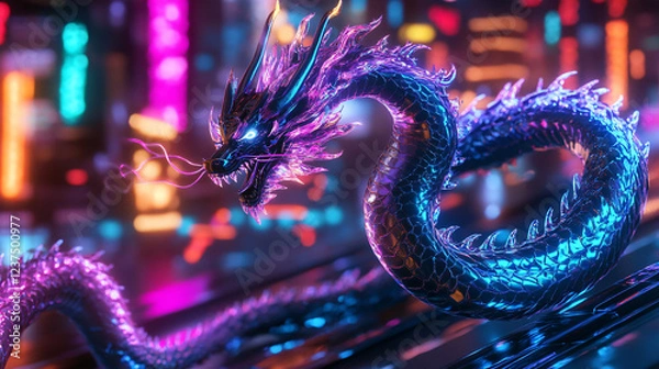Fototapeta neon cyberpunk dragon in cityscape 3d render