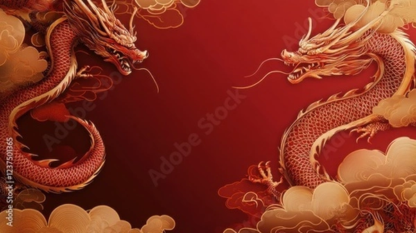 Fototapeta Majestic Red Dragons in Clouds on Elegant Red Background