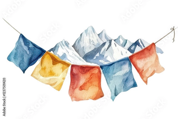 Fototapeta Colorful prayer flags are strung across snowy mountains in a serene watercolor illustration.