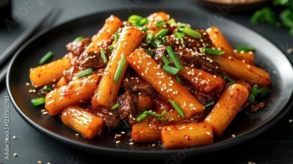 Fototapeta Spicy Beef and Rice Cake Dish with Green Onion Garnish