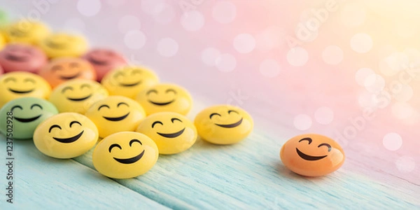 Fototapeta Smiling laughing emojis on a colorful background for April Fool’s Day concept
