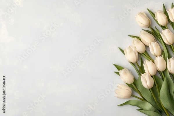 Fototapeta Minimalist Flat Lay of  White Tulips on grey background , for  Women's day or Mothers Day banner, copy space
