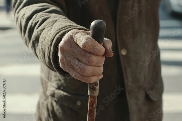 Fototapeta Detail of wrinkled hands grasping a cane senior man with cane stands on the sidewalk