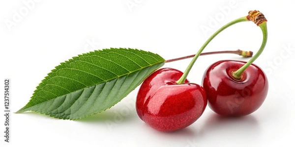 Fototapeta Chisry with Leaf Isolated on a White Background for Culinary Use