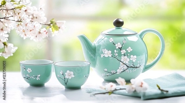 Fototapeta Tea set with cherry blossoms, spring scene, peaceful setting, perfect for tea-related content