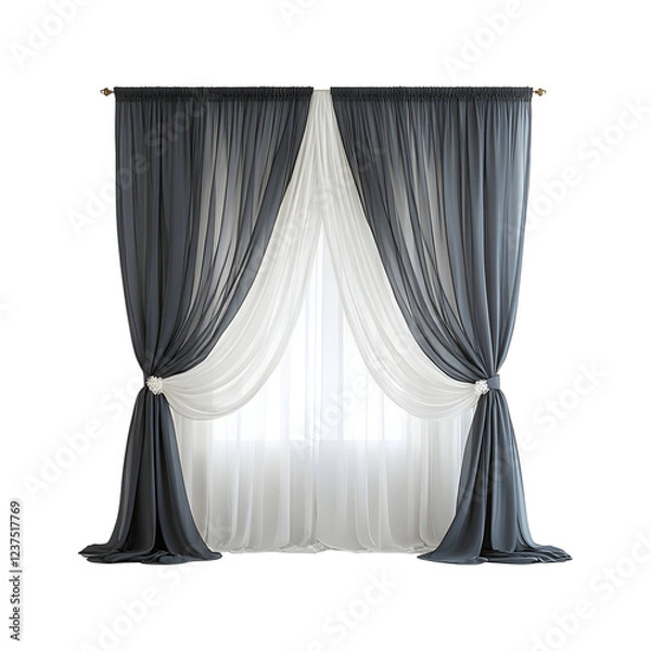 Fototapeta Layered Blackout Curtains with Sheer Panels in White and Grey Isolated on Transparent Background